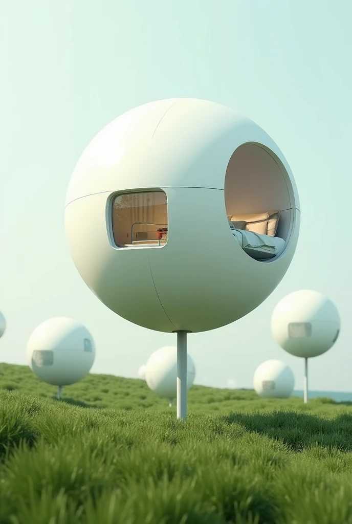 A floating white sphere, build it on the grassland, put a window on it somewhere higher、It would be nice to create a space inside where people can live.!Attach a thin rod to the bottom of the sphere.、So I tried to make it so that it was supported, and then I put the sphere in a higher position, but it's still low.!If you move the sphere higher it will no longer be a sphere.!Make it a sphere、Change the camera position so you can see inside, add furniture like a bed inside so you can see more of the inside, and then make it the front. Then make lots of the same building around it, and make the same spherical building around it.!