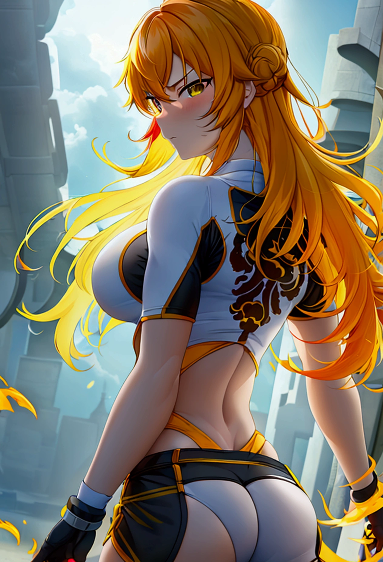 (promotional art), (Whole body), Yang Xiao Long of 'RWBY', aroused face, yellow hair, mystic fire all around, skin tight shorts, booty cheek shorts, 3/4 looking back pose, lean muscle, strong butt, ass cheek peaks out from shorts, underboob showing