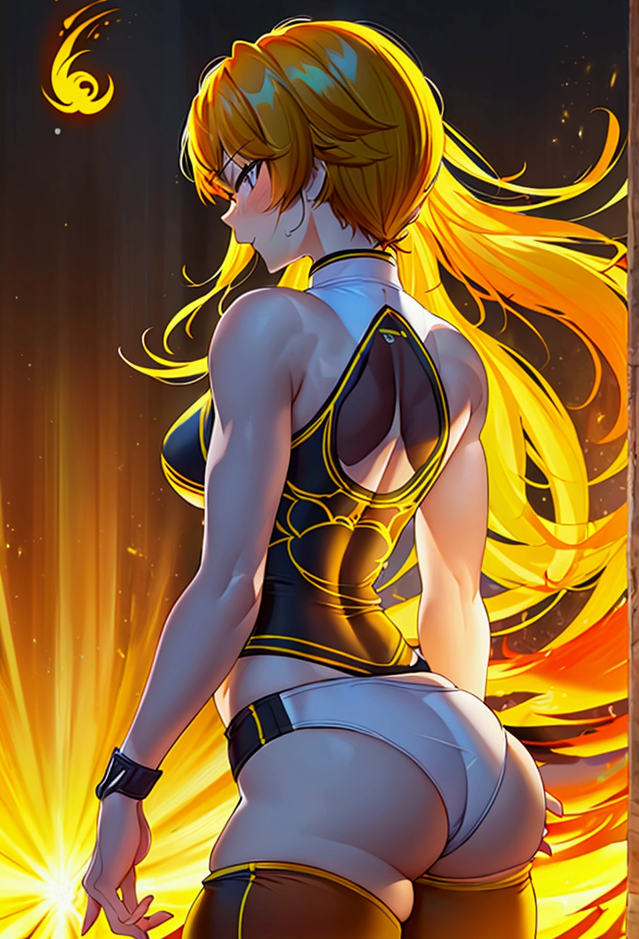 (promotional art), (Whole body), Yang Xiao Long of 'RWBY', aroused face, yellow hair, mystic fire all around, skin tight shorts, booty cheek shorts, 3/4 looking back pose, lean muscle, strong butt, ass cheek peaks out from shorts, underboob showing