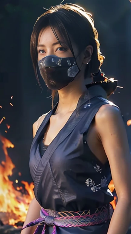 (RAW shooting, Photoreal:1.5, 8k, highest quality, masterpiece, ultra high resolution), Sengoku, fire thing, War fires raging everywhere:1.3, perfect dynamic composition:1.2, Highly detailed skin and facial textures:1.2, Slim female ninja with a sharp dagger:1.3, Fight:1.2, beautiful and aesthetic, cute and sexy beauty, perfect style:1.2, wear elaborate rings, fire, water, Wind, thunder, ice, Fair skin, very beautiful face, radiant white skin, (Medium chest), faint smile, (Wearing tirtle neck ninja suit), sleeveless (beautiful blue eyes), (Bewitching:0.9), cowboy shot, no mask, ninjitsu pose, neon lights, ninjitsu style, magic lights, chakra lights, aura