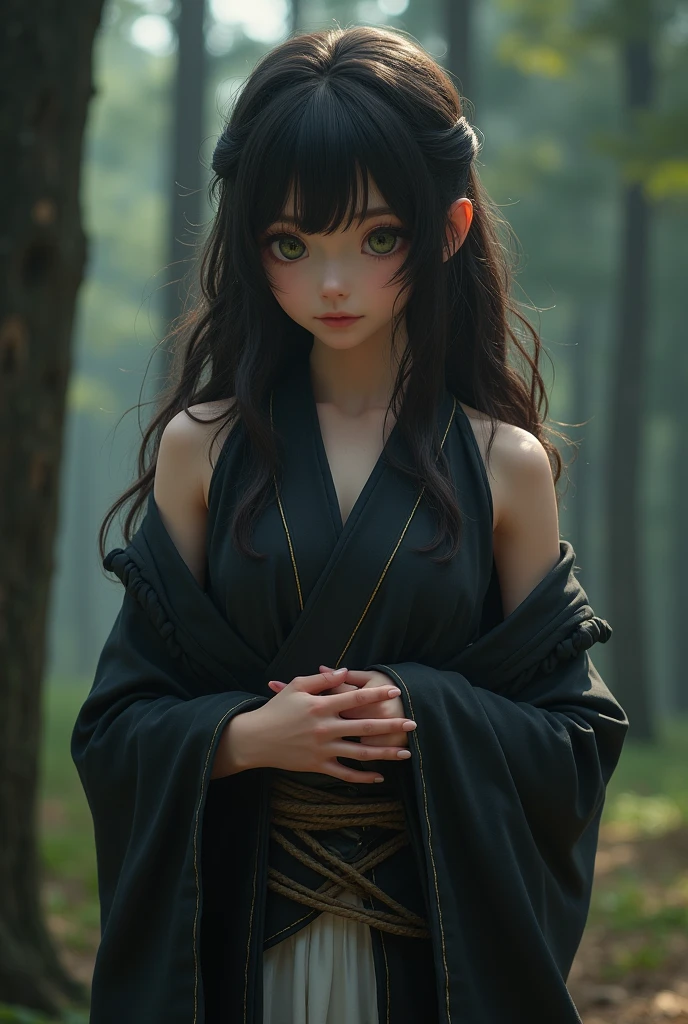 8K, Best quality, masterpiece, very detailed, semi-realistic, Girl, Girl, 20 years old, looking at hands, long dark brown hair with bangs, curly hair, green eyes, black Japanese style clothes, White pants, bare shoulders, golden details, thin figure, cold expression, battle scenes, outdoors, Forest background, with many trees and dark sky