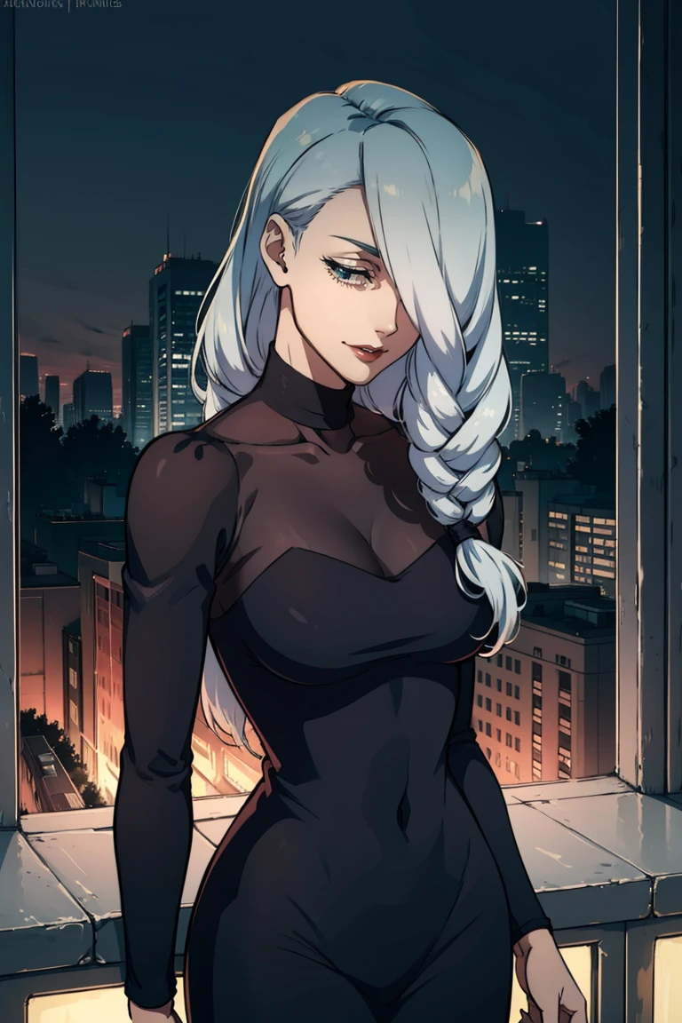 ultra realistic computer graphics 8k, piece of art, ((ultra detailed background, delicate pattern, complex part)), (very detailed, small detailsbest quality, 1 girl, (photorealistic:1.4),beautiful lighting, absurdities, Raw photo, granularity, ((medium breast, slender girl)), 1 girl, May May, One, long hair, hair, wear, hair over one eye, smile, long sleeves, haired bangs, black wear, haired ponytail, White hair, puffy sleeves, containment, turtleneck wear, invent, gray hair, Red lips, One глаз закрыт, pomade, parted lips, single hair, (complex detailed background, outside, urban environment, cowboy shot, Behind),