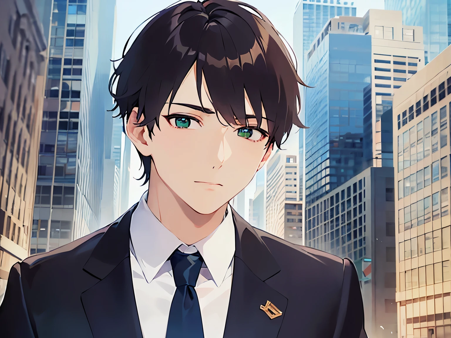 Close-up of your face、shiny skin, masterpiece、Highest quality、(25-year-old male:1.5) and (Brown short hair) and (green eyes), BREAK (suit:1.5) and (Blue tie) BREAK 、Are standing、terrified、The background is the office district outside.、(Alone:1.5)、Upper body is shown、