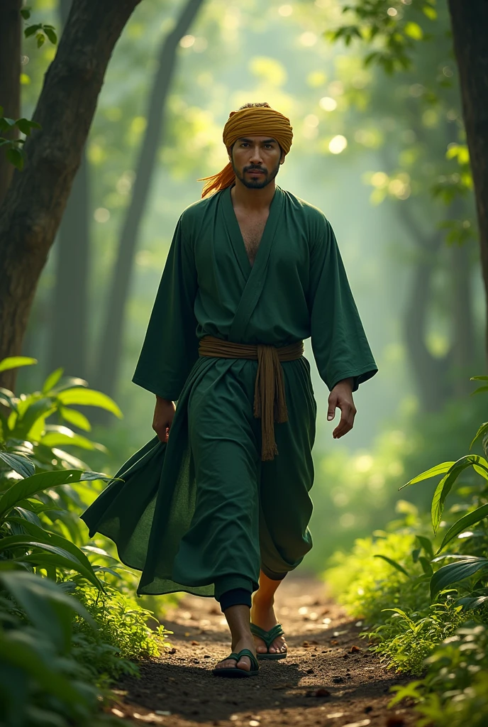 Create a hyper-detailed image of a 35-year-old Indonesian man with a clean face, wearing a yellow-brown turban, a long green robe, and traditional warrior sandals. He is walking towards a forest. The scene should be dramatic and cinematic with bright lighting and dynamic illumination. Render in ultra-sharp 8K UHD.