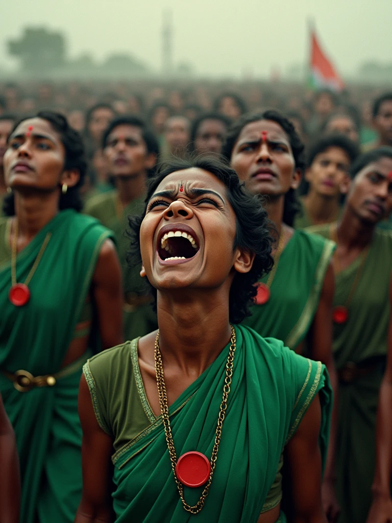 Indian army capturing Bangladesh by force people of ebony ugly Bangladesh wearing green lungi which has a red dot in the middle crying