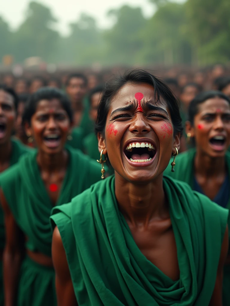 Indian army capturing Bangladesh by force people of ebony ugly Bangladesh wearing green lungi which has a red dot in the middle crying