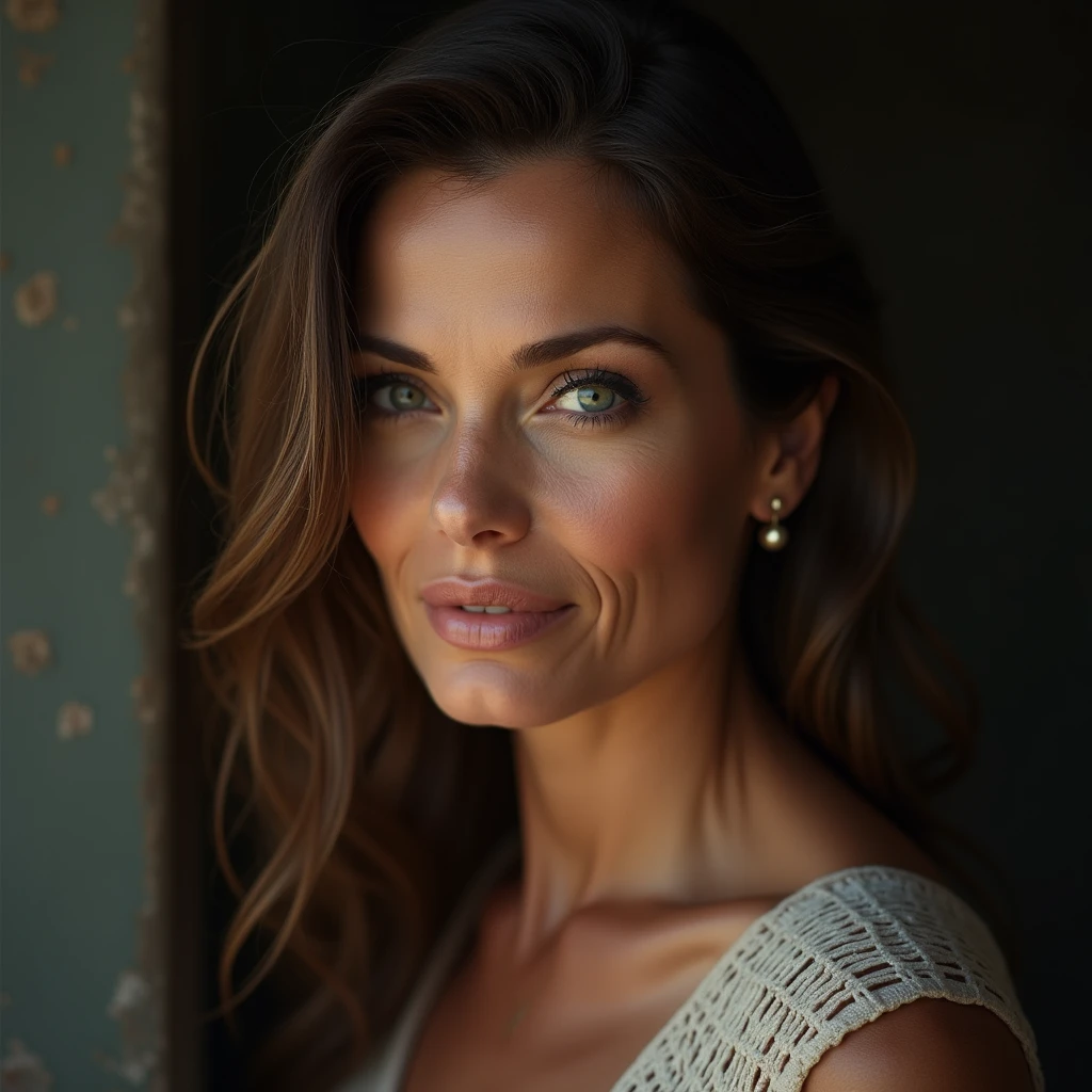 Beautiful mature woman 45 years old, wrinkles on the face, detailed face and texture, American woman, looks into the frame, sexy, languid face