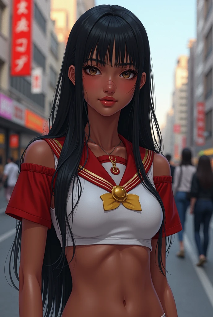 (hyperrealism:1.4), beautiful woman, magical girl uniform, crop top, dark skin, fit, in city with no people, black hair, long straight hair, brown eyes,
