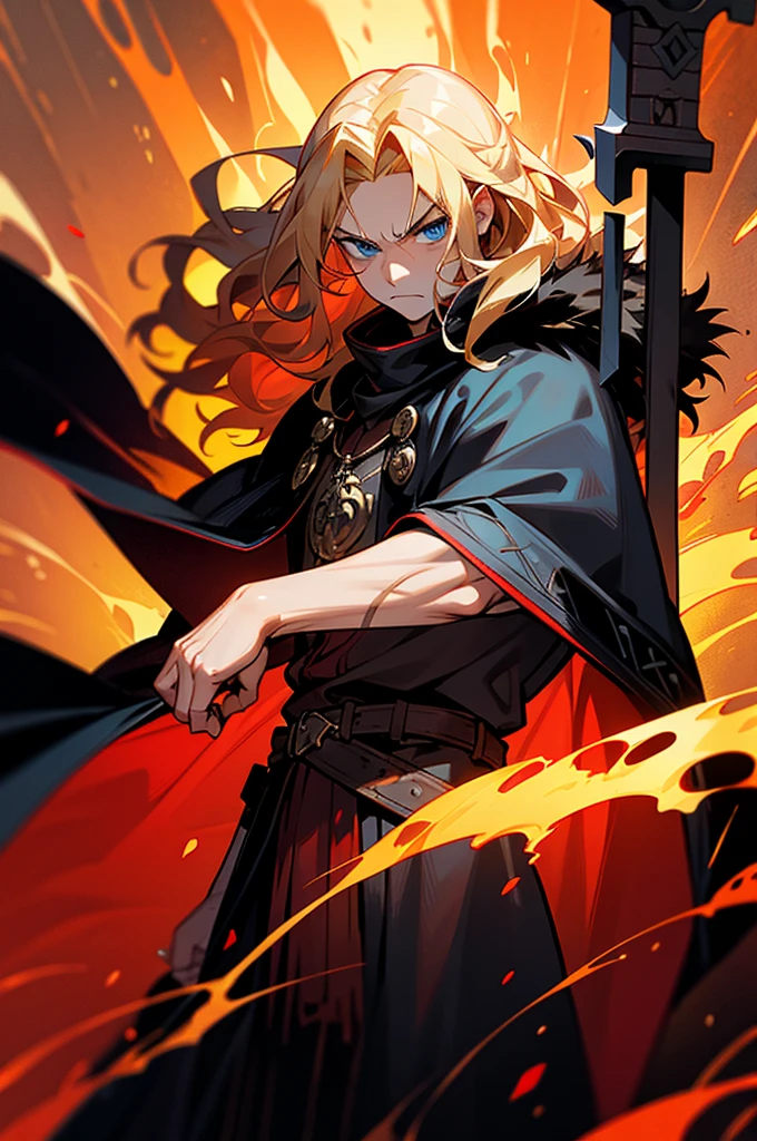 blue eyes, blonde hair, long hair, wavy hair, fire background, tattered clothing, serious face, muscular, cowboy shot, mature male, black cape, black and red Viking clothing, fur cape, wielding thors hammer