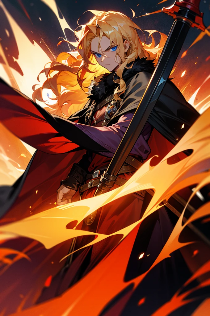 blue eyes, blonde hair, long hair, wavy hair, fire background, tattered clothing, serious face, muscular, cowboy shot, mature male, black cape, black and red Viking clothing, fur cape, wielding thors hammer