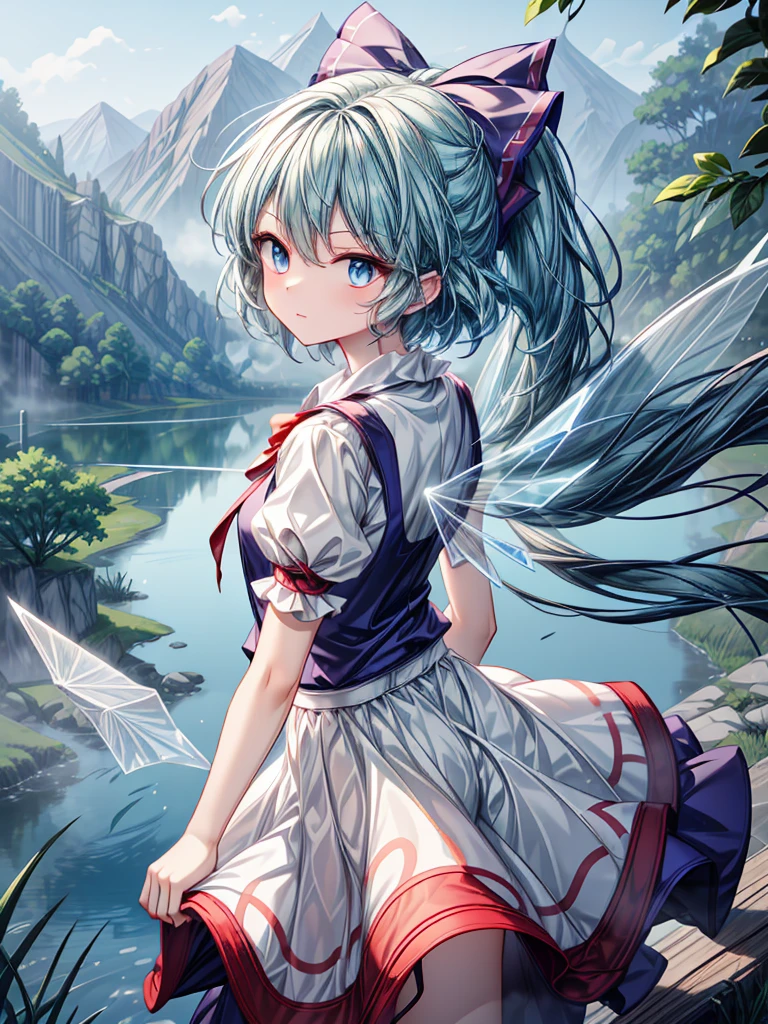 1girl, ((Alluring)),((Wear cold air)),cirno (Touhou), ((long hair)), blue hair, ice wings, ((Hair blowing in the wind)),fairy wings, Blue eyes, bangs, white shirt, collared shirt, puffy short sleeves, blue dress, pinafore dress, red ribbon, neck ribbon, blue bow, green bow, hair bow, bow,((misty lake)),((Gensokyo))