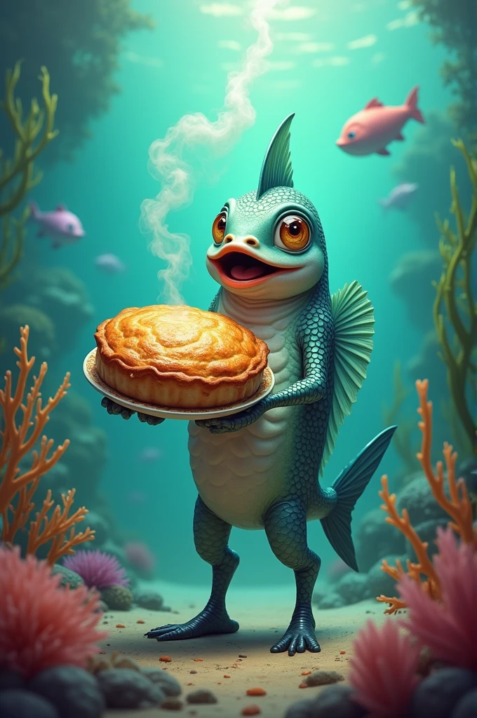 A fish holding a meat pie