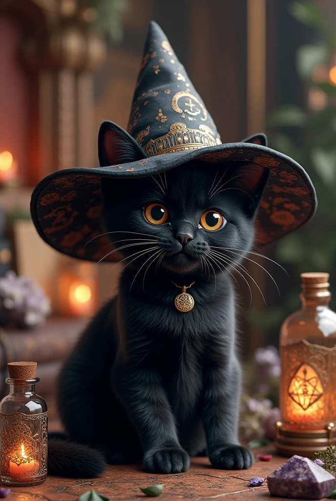a cute black cat wearing witch'shat, surrounded by crystals and other magical objects, no humans, hat, witch hat, animal, animal focus, black cat, potion, cat, bat (animal), flask, gem, black headwear, ultra-realistic, 8k,ultra-realistic, hyper-detailed, 32k uhd, (Background is Luxury witches room and magic room) Magic Items, Magic Bottle, Large Magic Bottles, Elven Magic Bottle, Fairy Magic Bottle, hexagram, Crystal Magic, magic books wiccan, Luxury hexagram necklace, luxurious witch necklace, very much Witch spices and Magic Spices,