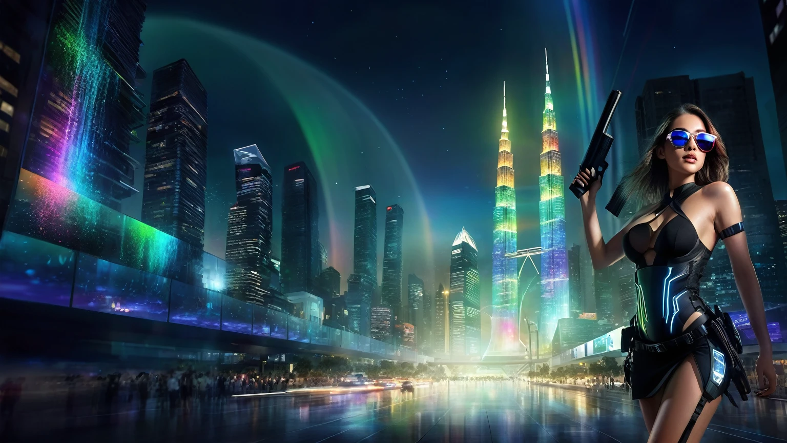 Estilo: arte conceitual. A cena: Futuristic cityscapes with colorful all-glass towering skyscrapers, sleek aerodynamic vehicles speeding through the air, rainbow colors waterfalls. High-resolution OLED GUI interfaces in the building, The windows are filled with transparent data visualization infographics that show it all, from weather patterns to traffic flow, Matrix cascading code. Colors are saturated and vibrant, com rosas e roxos quentes dominando o horizonte. Adobe Photoshop zoom blur effect background. At night, (1girl, solo), photo realistic, medium-breast:1.3 slim body, cleavage, sling top, miniskirt, (matrix style black sunglasses, holding a short gun), half-body thigh level medium shot, cinematic lighting, ray tracing.