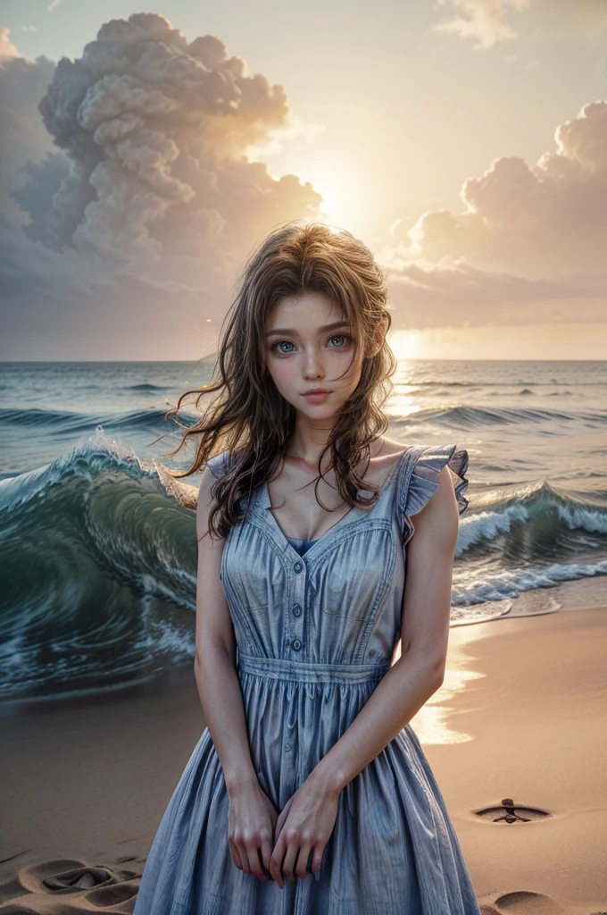 a beautiful woman with long brown hair, delicate facial features, and a serene expression standing on a sandy beach, wearing a white pinafore dress, waves crashing in the background, vibrant blue sky with wispy clouds, warm golden sun lighting the scene, highly detailed, photorealistic, 8k, cinematic lighting, atmospheric, intricate details