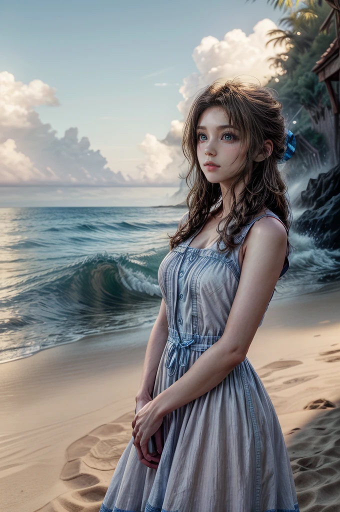 a beautiful woman with long brown hair, delicate facial features, and a serene expression standing on a sandy beach, wearing a white pinafore dress, waves crashing in the background, vibrant blue sky with wispy clouds, warm golden sun lighting the scene, highly detailed, photorealistic, 8k, cinematic lighting, atmospheric, intricate details