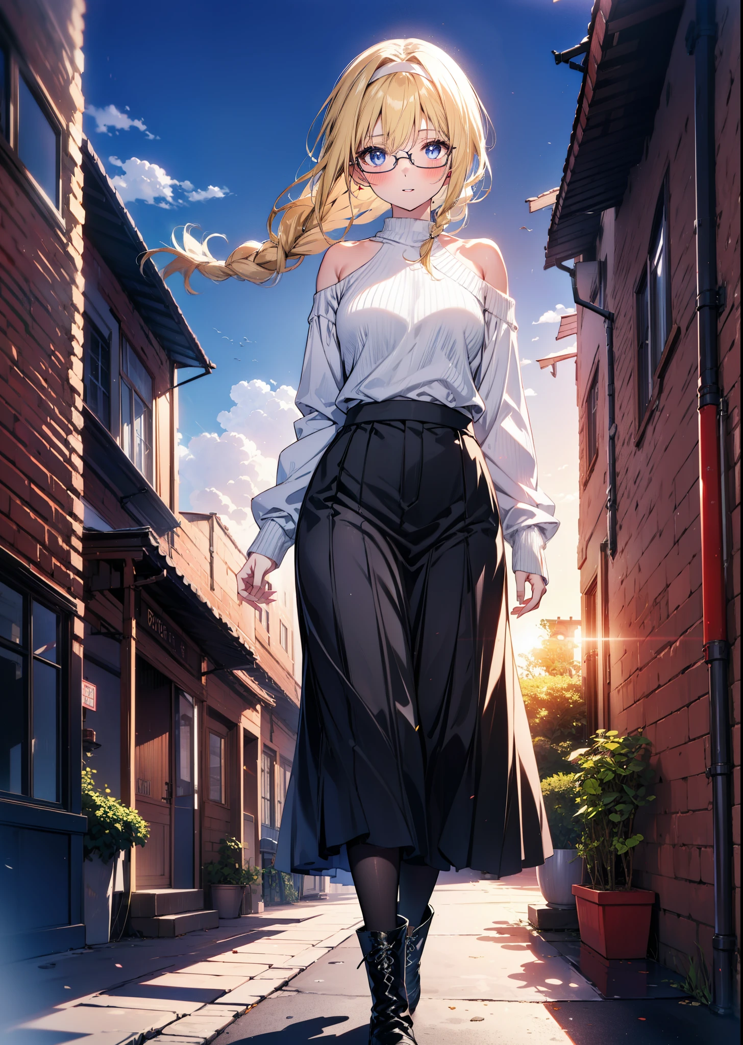 Alicesburg, Alice Zuberg, bangs, blue eyes, Blonde, Hair between the eyes, hair band,smile,blush,Open your mouth, Long braids,Glasses,One-shoulder sweater,Long skirt,Black pantyhose short boots,Walking,Daytime,Clear skies,whole bodyがイラストに入るように,
break outdoors ,Building district,
break looking at viewer, whole body,
break (masterpiece:1.2), Highest quality, High resolution, unity 8k wallpaper, (figure:0.8), (Beautiful attention to detail:1.6), Highly detailed face, Perfect lighting, Highly detailed CG, (Perfect hands, Perfect Anatomy),