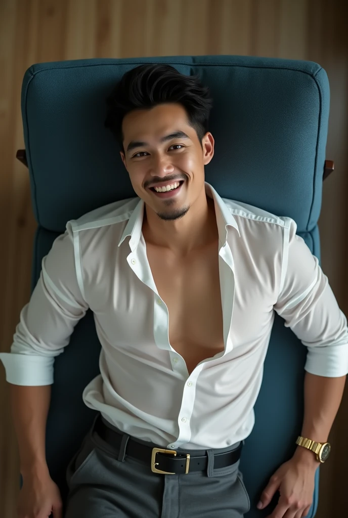 Asian man(korean,vietnamese,chinese,Japanese), 30 years old, burst smile,happy,Handsome and elegant,beardless, Wearing a transparent shirt, sexy , Masculine and handsome,musculous,Muscles look good,hairy bodies, with fair skin,, Full body photo,(ultra-detailed, photorealistic, best quality, 4k, 8k, highres, masterpiece:1.3), charming , (muscular build body), wearing tailored shiny dress shirt, with the top button casually undone, perfectly fitted charcoal trousers, sweat, unbutton buttons shirt, lewd face ,tight chest, sex, erotic, horny, Accessories include a luxury wristwatch in the Classroom,looking at viewer,muscle veins, sexy posing,lying on your back in classroom,top view,surrounded by boys
