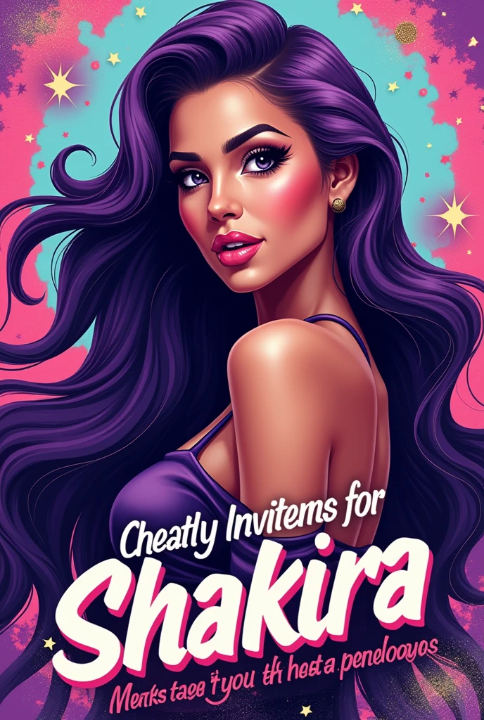 Make me a birthday invitation with a Shakira theme with purple hair