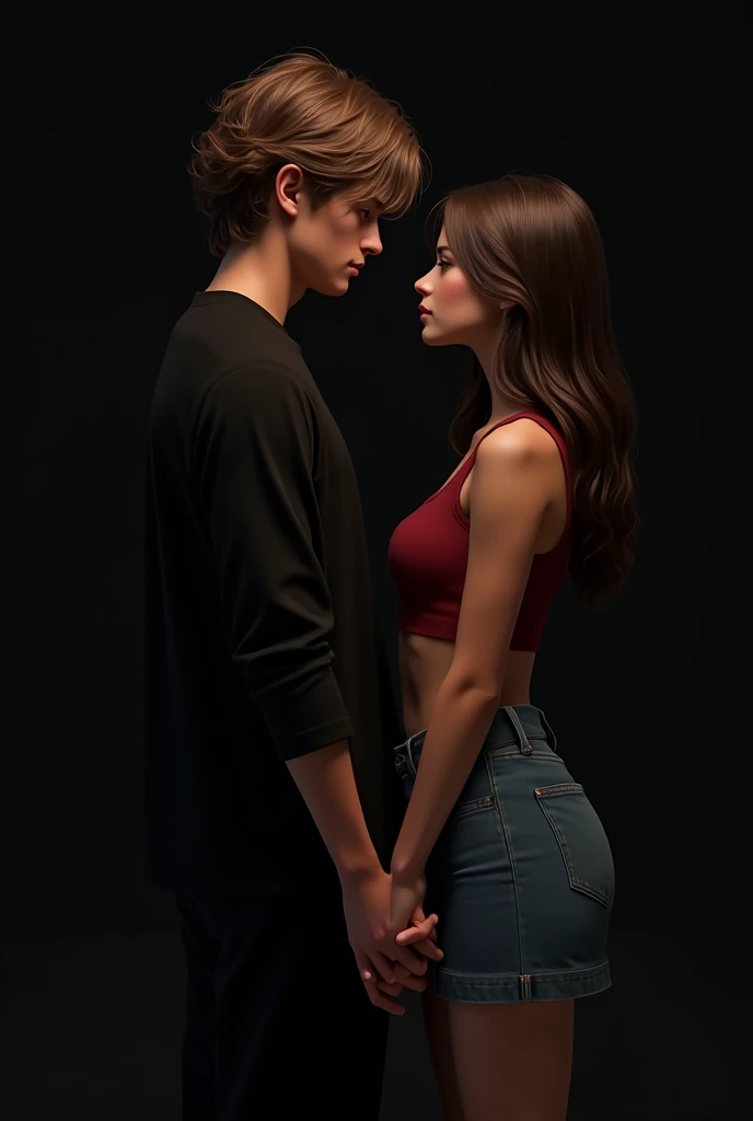 Create me an image of a heterosexual couple, that the man be with brown blond hair and with some wavy hair, with black clothes, a little dark skinned, The woman who has waist-length brown hair and wears a denim skirt and a red crop top, that they are holding hands with their backs turned, black and realistic background, that they are teenagers 