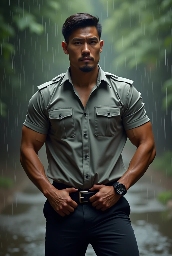 A Vietnamese man, police shirt,30 years old, handsome and elegant, no underwear, sexy, Masculine and handsome, muscular, Nice looking muscles, hairy body, Black eyes (1:3 thin eyes), Full body photo, (super detailed, realistic, best quality, 4k, 8k, high resolution, masterpiece: 1.3), a mature man, sexy and elegant, (muscular body), perfectly fitted charcoal pants, sweat, lewd face, firm chest, sex, erotic, desire, accessories include luxury wristwatch, belt, looking at the viewer, muscle veins, lightly tanned skin, drooling, mucus, wanting to show off chest,looks stupid,standing in the rain