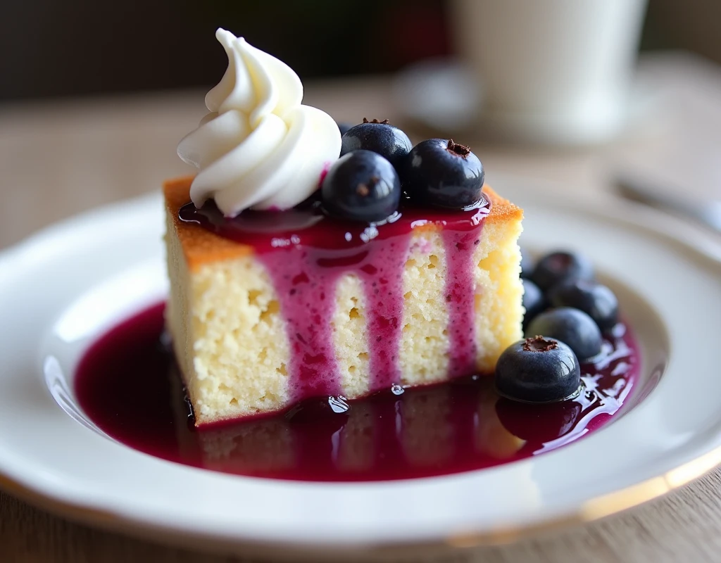 A piece of cake, with blueberry syrup, and whipped cream, beautiful decoration, on the plate
