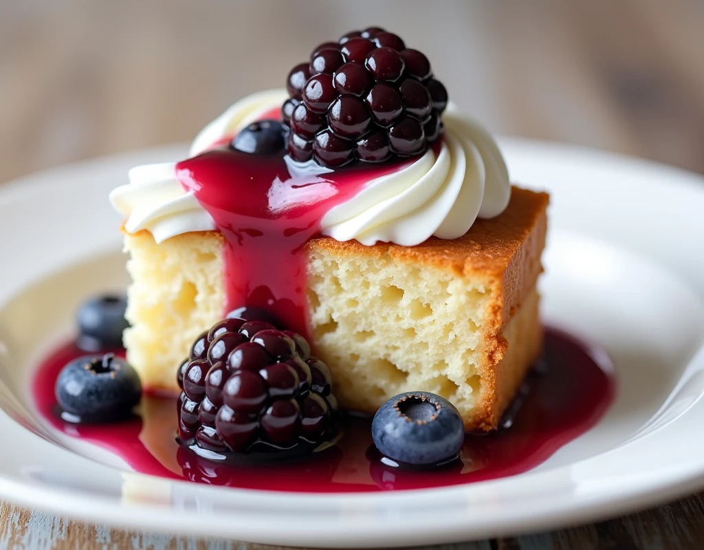 A piece of cake, with blueberry syrup, and whipped cream, beautiful decoration, on the plate
