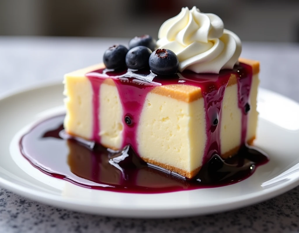 A piece of cake, with blueberry syrup, and whipped cream, beautiful decoration, on the plate