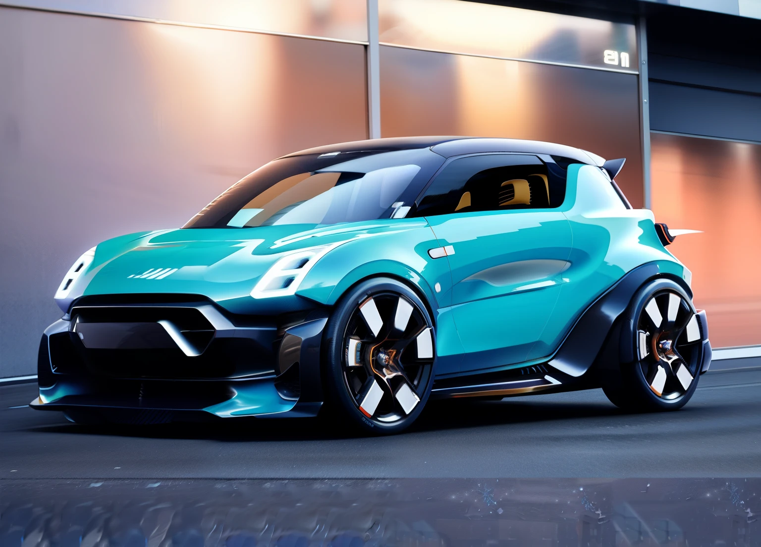 emauromin style, futuristic small vehicle, concept design, finely detailed, a three-quarter front view, best quality, realistic, modern city of background, parked on metal floor