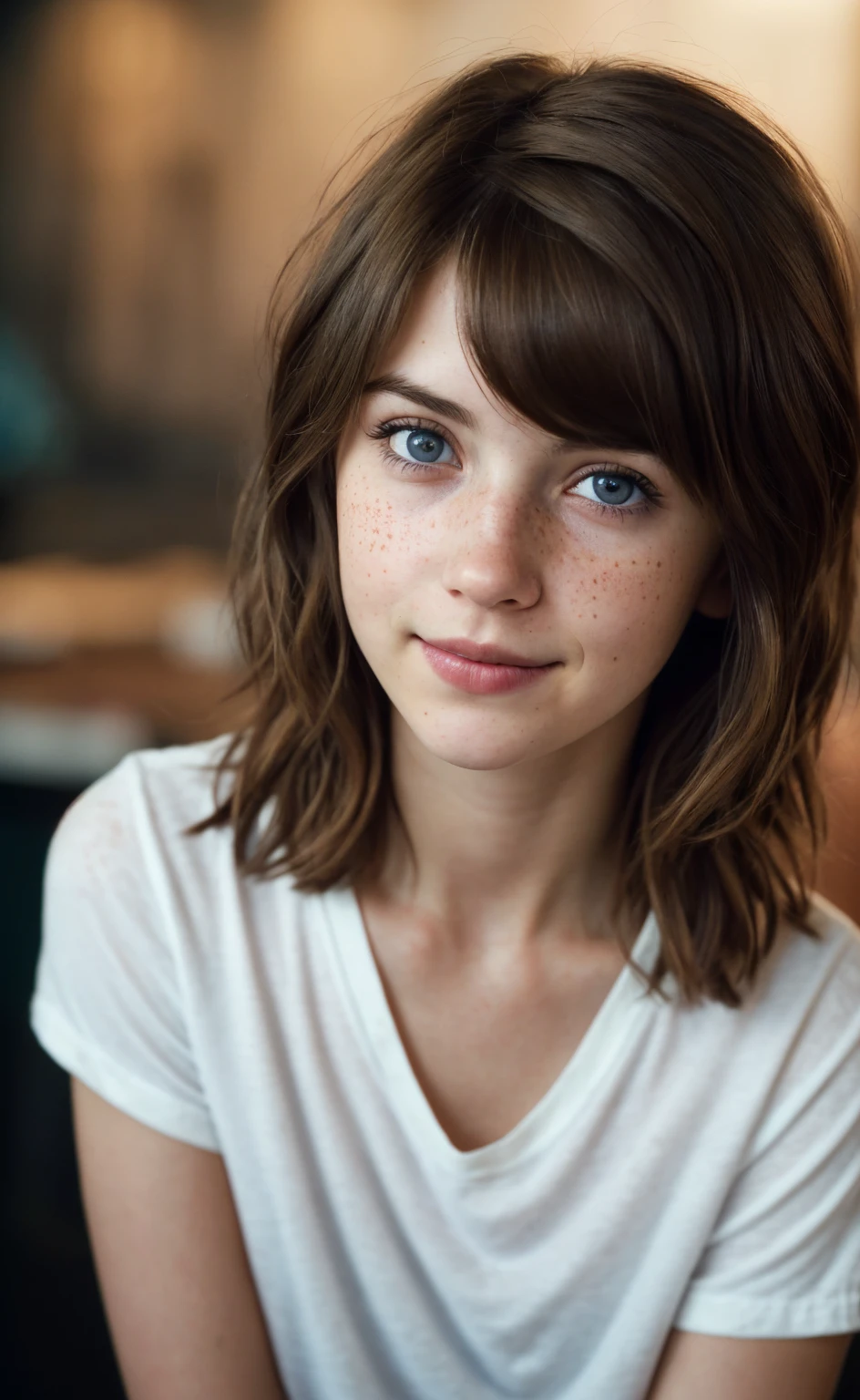 (close-up, editorial photograph of a 21 year old woman), (highly detailed face:1.4) (smile:0.7) (background inside dark, moody, private study:1.3) POV, by lee jeffries, nikon d850, film stock photograph ,4 kodak portra 400 ,camera f1.6 lens ,rich colors, hyper realistic ,lifelike texture, dramatic lighting , cinestill 800, wavy hair, messy hair, Max Caulfield haircut, short hair, Mischievous smirk, Brown hair, Blue eyes, freckles, white skin, White Shirt, Max Caulfield skin, Max Caulfield expression, masterpiece, Astral Plane, Life Is Strange