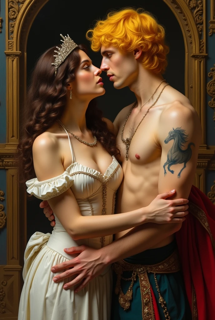 Renaissance painting by da Vinci, of a brunette princess with long curly hair and a lush body and a handsome prince with a unicorn tattoo on his chest, with bright yellow hair, embracing the painting conveys sexuality and a forbidden love, they look at each other with the deepest desire, the setting is a medieval castle in the princess&#39;s room 