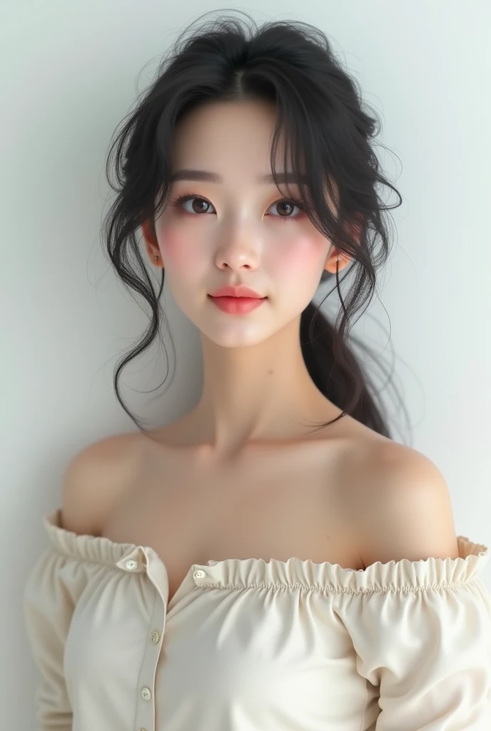  (japanese female news anchor:1.5), ,  (standing in front of a white wall:1.5), 25yo, (detailed beautiful japanese woman face:1.5), (off-shoulder:1. ),  intelligent, intellectual, chic, sophisticated, fine art, {{{masterpiece}}}, {{{best quality}}}, {{ultra-detailed}}, {perfect anatomy}, {{an extremely delicate and beautiful}}, wakame, 8k, (realistic proportions:1.5),