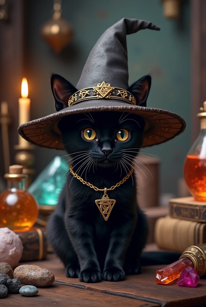 a cute black cat wearing witch'shat, surrounded by crystals and other magical objects, no humans, hat, witch hat, animal, animal focus, black cat, potion, cat, bat (animal), flask, gem, black headwear, ultra-realistic, 8k,ultra-realistic, hyper-detailed, 32k uhd, (Background is Luxury witches room and magic room) Magic Items, Magic Bottle, Large Magic Bottles, Elven Magic Bottle, Fairy Magic Bottle, hexagram, Crystal Magic, magic books wiccan, Luxury hexagram necklace, luxurious witch necklace, very much Witch spices and Magic Spices,