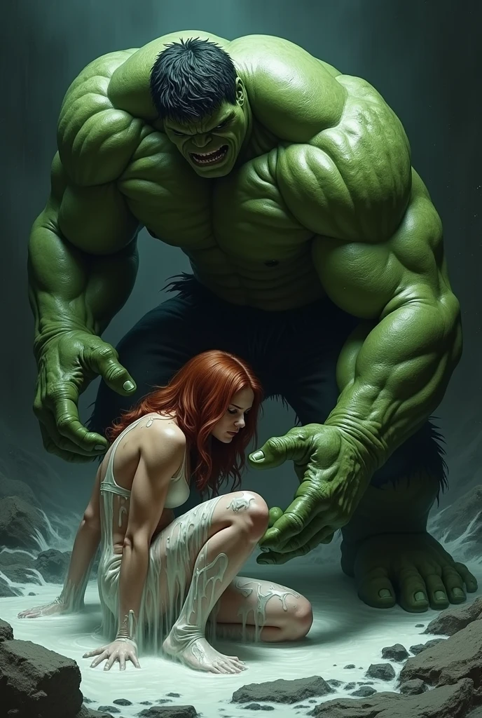 Imagina a black widow y hulk, Black Widow is crouched on all fours, she is very tired and wet with milk , hulk is touching her butt