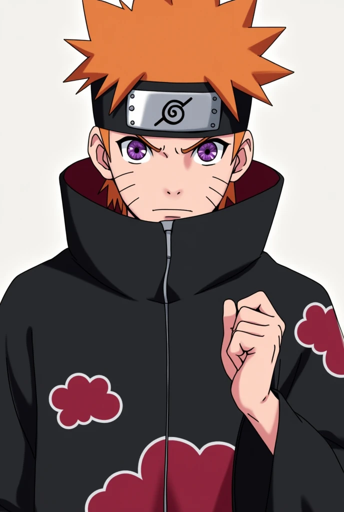 The image shows a character with spiky orange hair, wearing a long black cloak with red clouds, a characteristic symbol of the Akatsuki organization from anime "Naruto". He wears a band on his forehead with the symbol of the Hidden Rain Village., crossed out in the center, which indicates that he has renounced his village. his expression is serious, with several piercings on his face and a penetrating look of purple eyes with patterns of concentric circles, known as Rinnegan. The character is raising one hand forward, possibly performing a power technique or gesture.