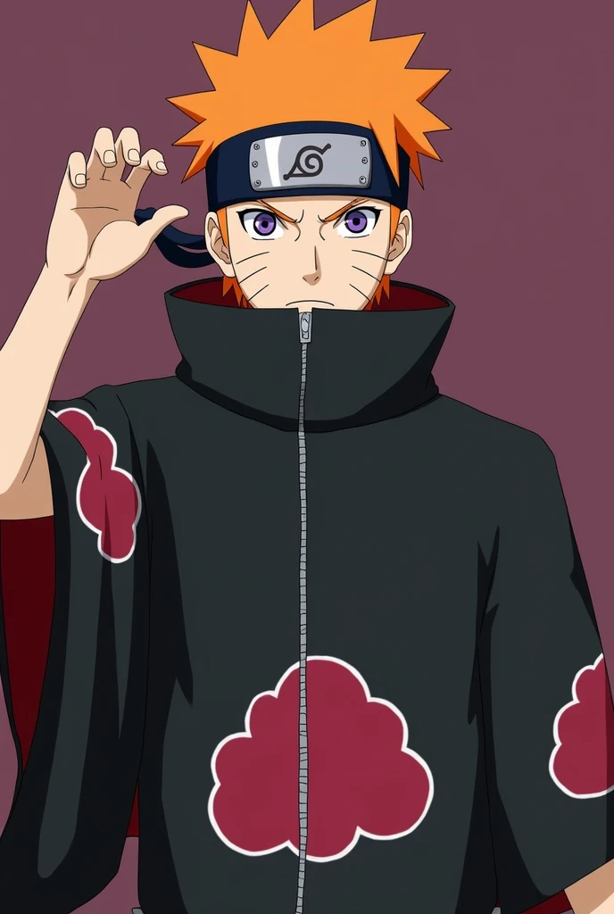 The image shows a character with spiky orange hair, wearing a long black cloak with red clouds, a characteristic symbol of the Akatsuki organization from anime "Naruto". He wears a band on his forehead with the symbol of the Hidden Rain Village., crossed out in the center, which indicates that he has renounced his village. his expression is serious, with several piercings on his face and a penetrating look of purple eyes with patterns of concentric circles, known as Rinnegan. The character is raising one hand forward, possibly performing a power technique or gesture.