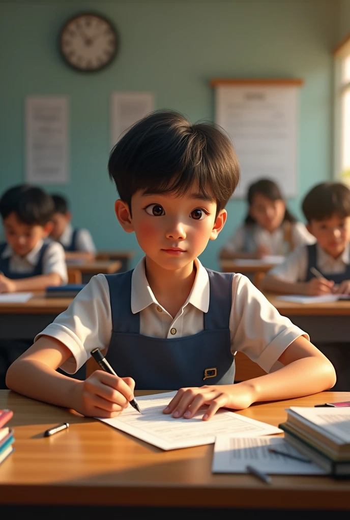 A boy Thai high school student sitting in an exam room at Rajabhat University, focused expression, writing on paper, surrounded by other students, detailed classroom setting, warm lighting, textbooks and stationery on desk, clock on wall showing time pressure, photorealistic style, high detail