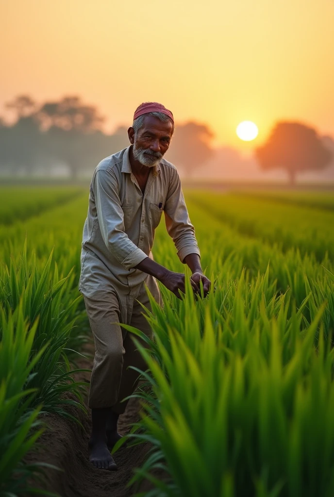 एक किसान की तस्वीर जनरेट करें वह किसान अपने खेत में हो खेत हरा भरा हो एक और सूर्य उग रहा हो और किस भारतीय पारंपरिक ड्रेस में हो तस्वीर की क्वालिटी एकदम हाई होनी चाहिए 
