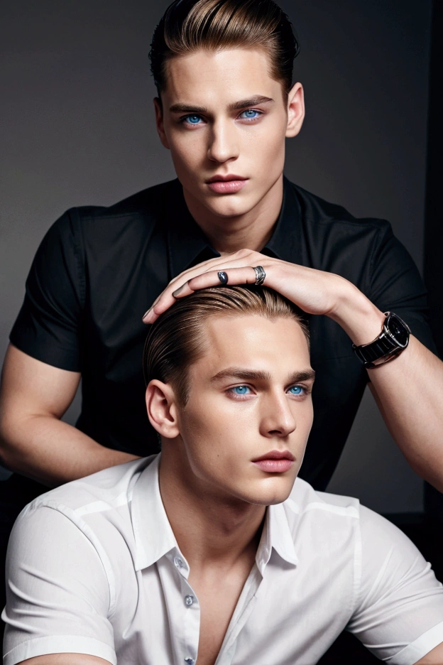 Handsome young with blue eyes and golden hair with slick back hairstyle wearing watch and black shirt having sharp jawline 