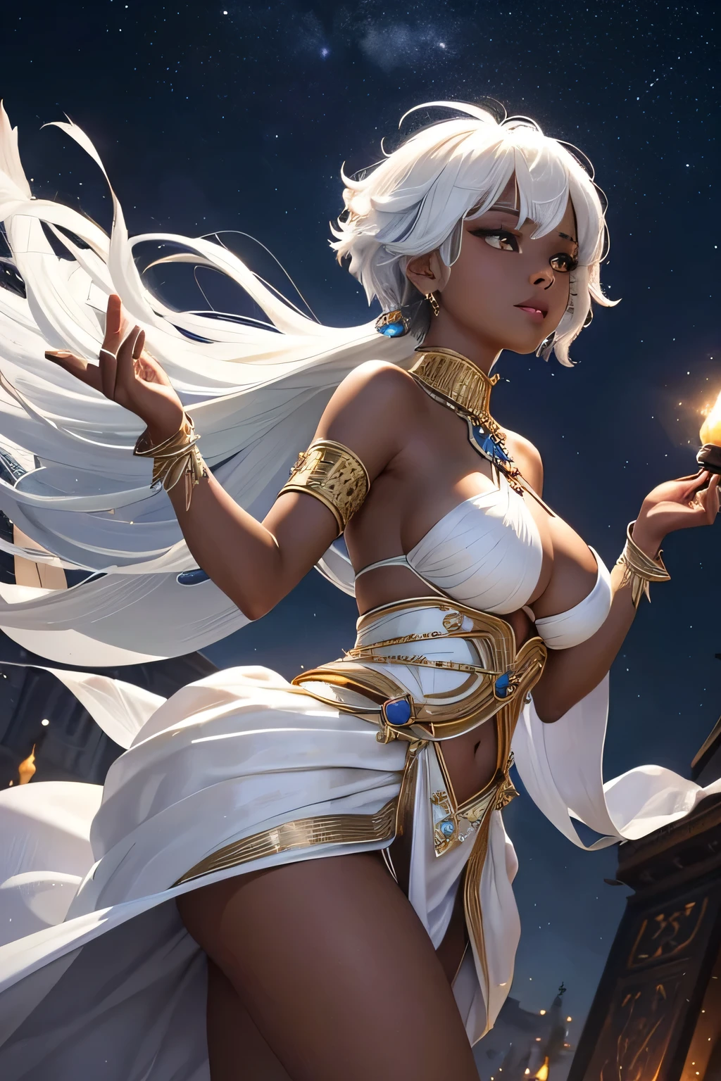 "A stunning black princess with striking (((short white hair))) commands attention as she performs on a grand ceremonial stage under the starry sky in the heart of Emerald City, the capital of Zara Kingdom. Her deep, ebony skin glows in the flickering light of the ceremonial bonfires, creating a mesmerizing contrast with her bright white hair, which gleams like silver in the night. She is adorned in a magnificent traditional outfit made of handwoven fabrics, accented with shimmering beadwork and vibrant feathers that glow softly in the firelight. As she dances, her movements are both powerful and fluid, a ritual that invokes the spirits of the ancestors. The crowd, holding lanterns that cast a warm light on their faces, watches in awe, their reverence palpable as the princess's white hair and dark skin create a striking and unforgettable image under the vast, starry sky."upper body