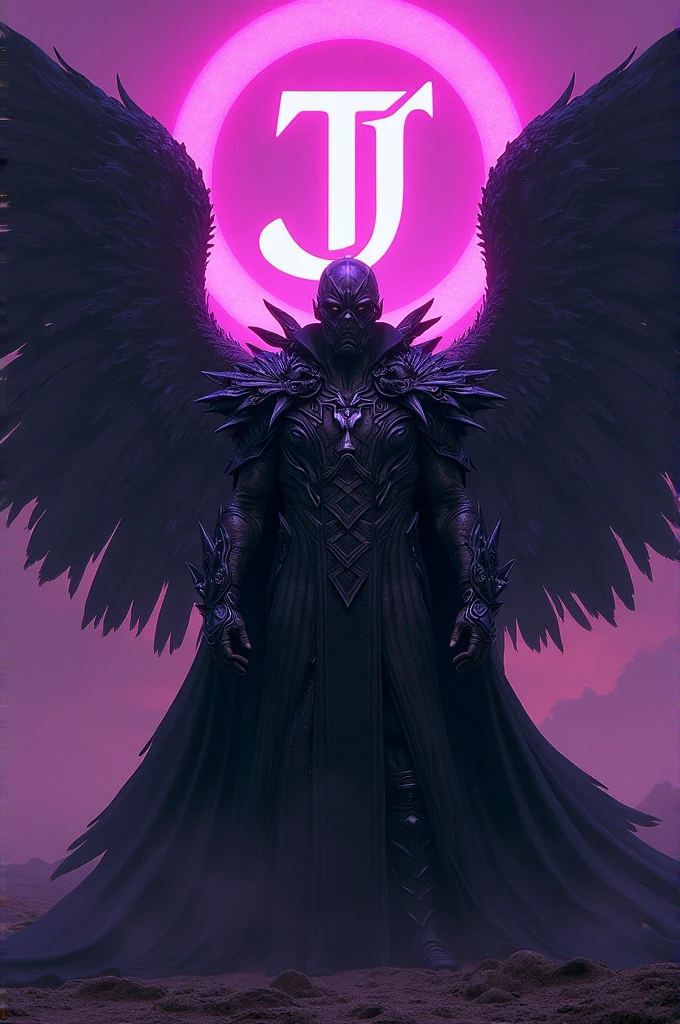 Afro male in a scary coat Mask on with huge wings steering at the sky with the word Tj Purple boldly written on the background