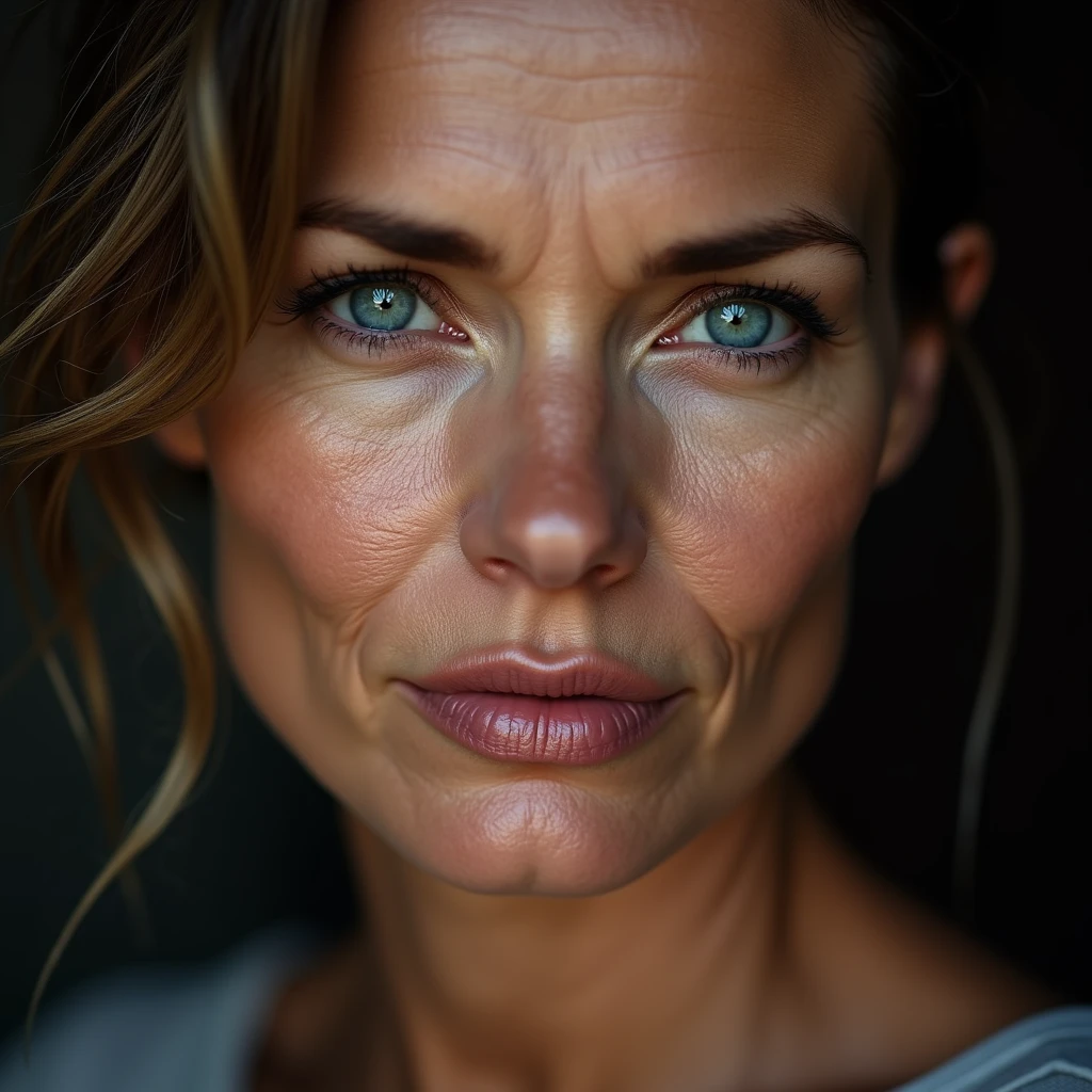 Beautiful mature woman 45 years old, wrinkles on the face, detailed face and texture, European woman, looks into the frame, sexy, languid face, bright blue eyes