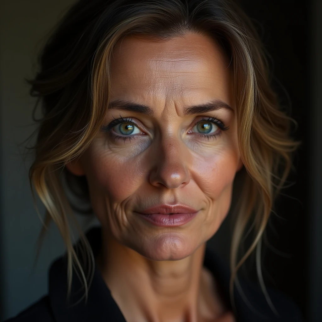Beautiful mature woman 45 years old, wrinkles on the face, detailed face and texture, European woman, looks into the frame, sexy, languid face, bright blue eyes