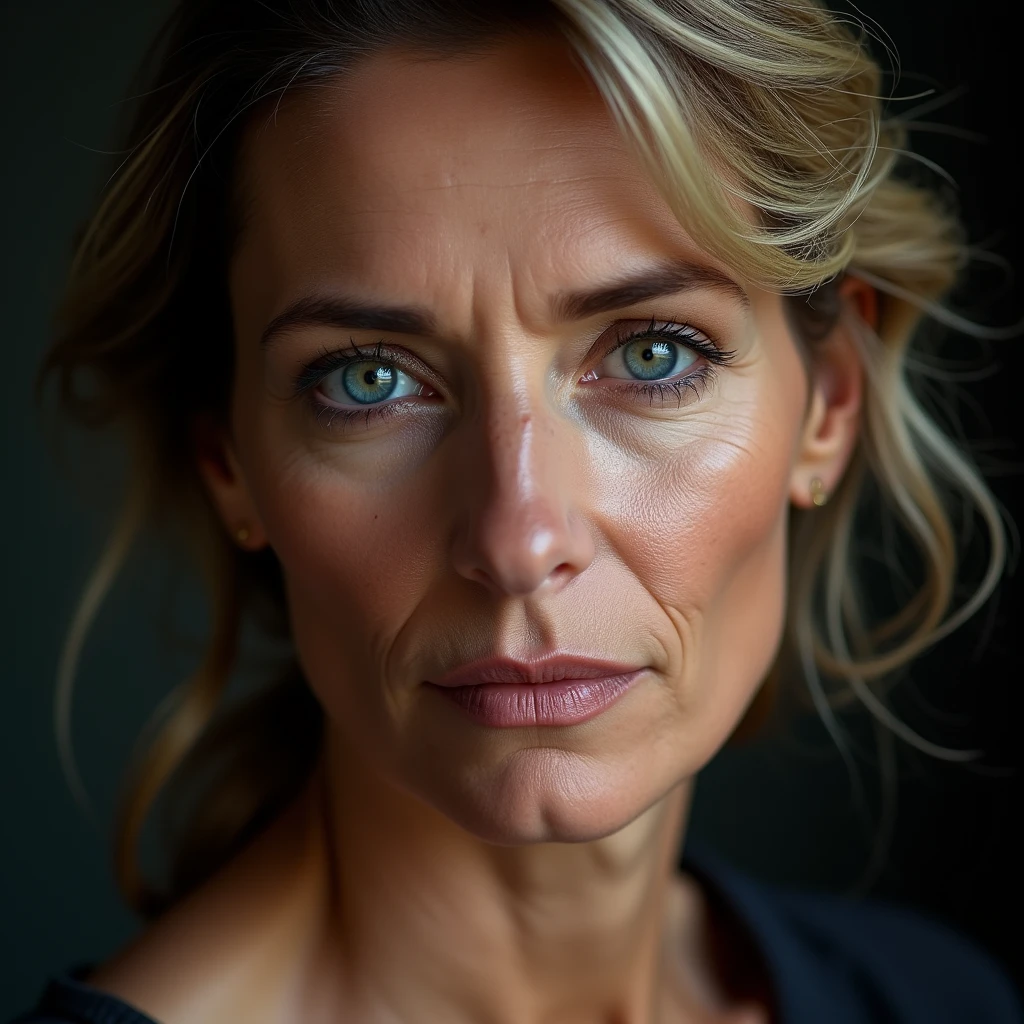 Beautiful mature woman 45 years old, wrinkles on the face, detailed face and texture, European woman, looks into the frame, sexy, languid face, bright blue eyes