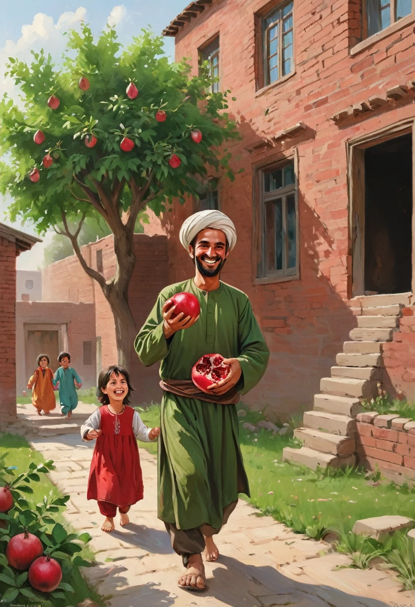 "An Afghan father with a warm and pleasant smile, holding a bright red pomegranate in his hand and wearing an Afghan dress walks towards an old house with brick walls and wooden windows. Around him, his children with bright eyes and cheerful smiles, in They are running and playing. The green and fruitful trees in the yard of the old house have created a pleasant and cheerful atmosphere, and the sound of children's laughter is in the air.