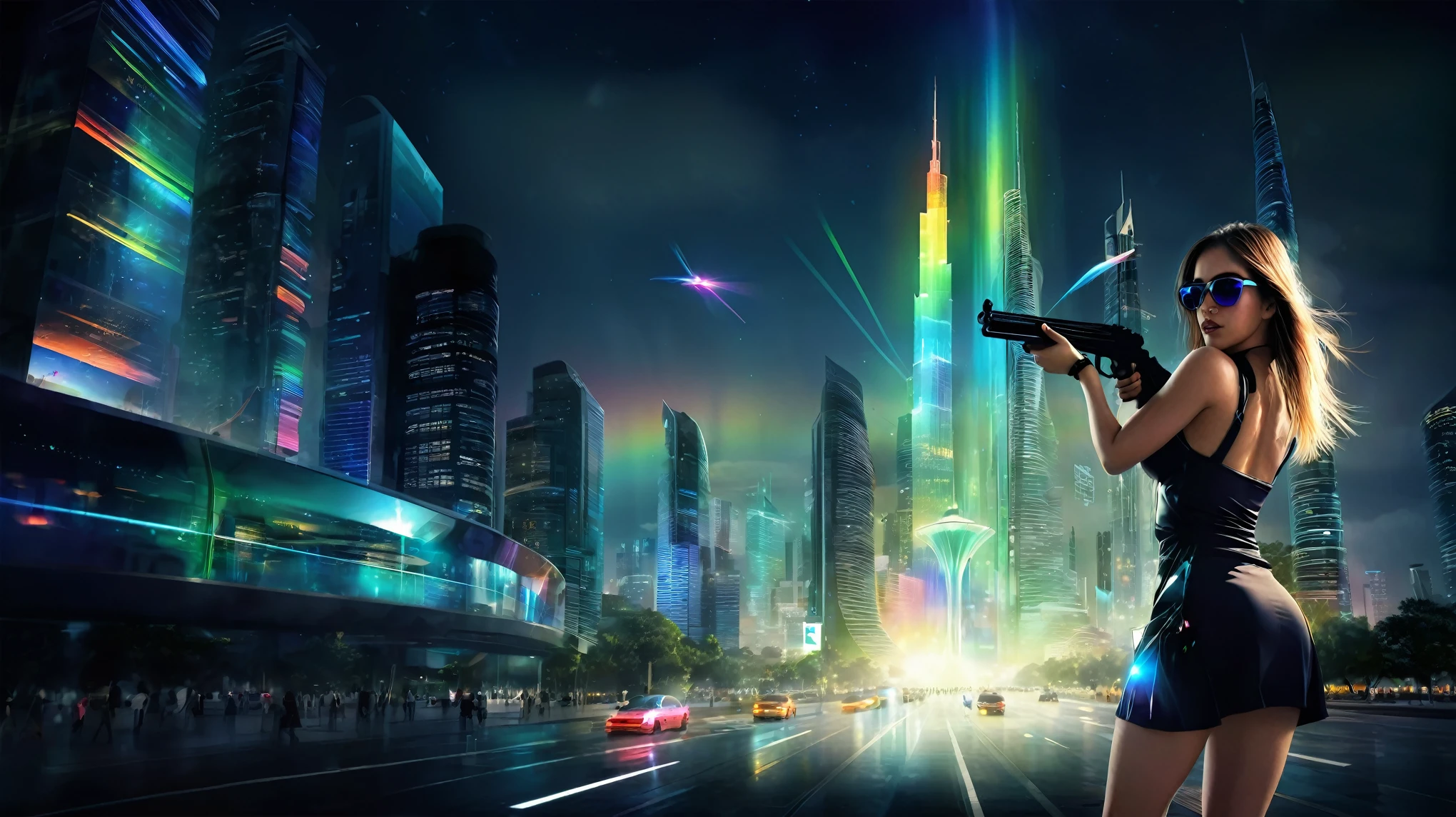 Estilo: arte conceitual. A cena: Futuristic cityscapes with colorful all-glass towering skyscrapers, sleek aerodynamic vehicles speeding through the air, rainbow colors waterfalls. High-resolution OLED GUI interfaces in the building, The windows are filled with transparent data visualization infographics that show it all, from weather patterns to traffic flow, Matrix cascading code. Colors are saturated and vibrant, com rosas e roxos quentes dominando o horizonte. Adobe Photoshop zoom blur effect background. At night, (1girl, solo), photo realistic, medium-breast:1.3 slim body, cleavage, sling top, miniskirt, (matrix style black sunglasses, holding a short gun), half-body thigh level medium shot, cinematic lighting, ray tracing.