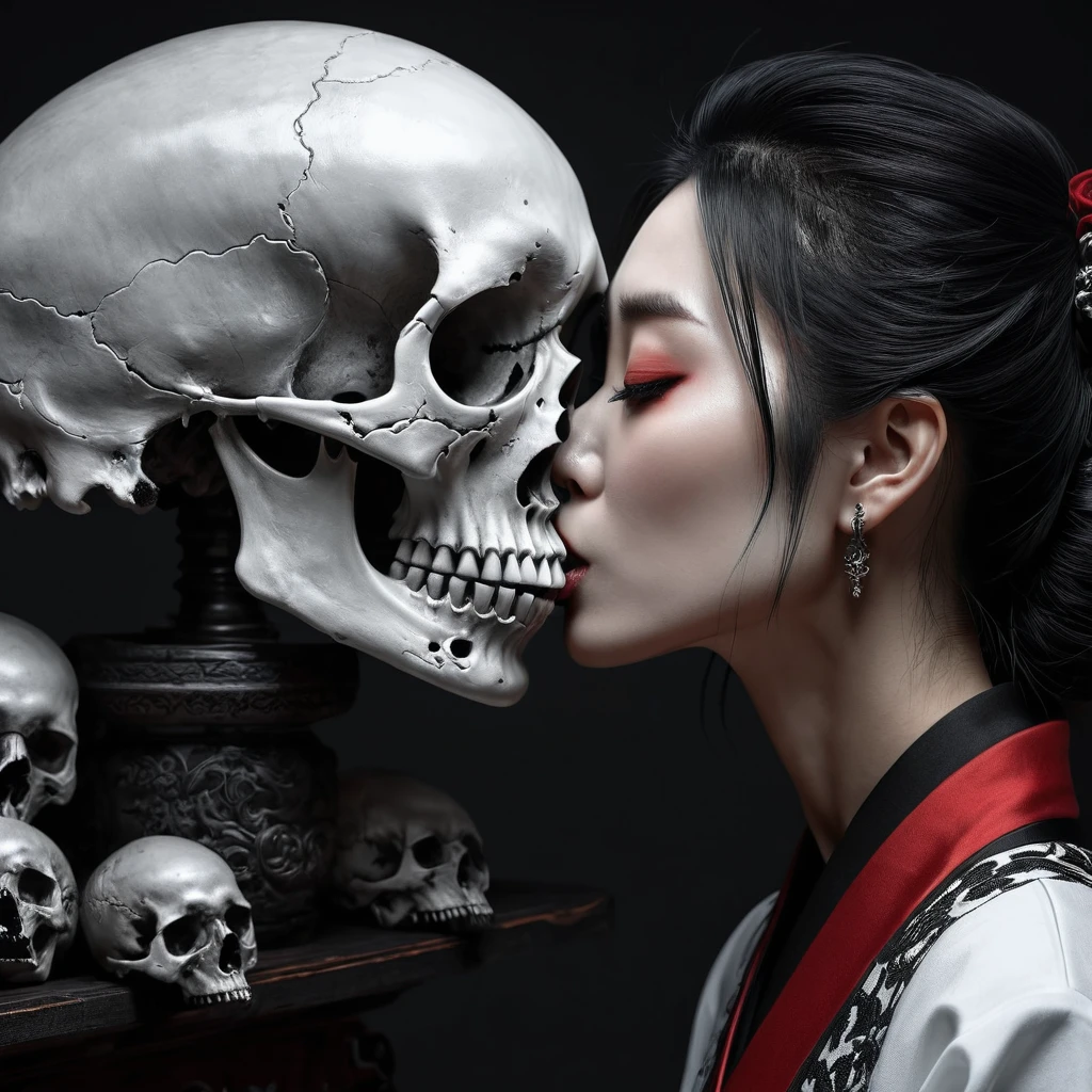 an image of a woman kissing a skull, in the style of andreas rocha, japanese-inspired art, gothic references, strong sense of realism, gray and crimson, anime-inspired character designs, black and white portraits, realistic, 32k UHD resolusion, high quality, professional photography, very detailed,