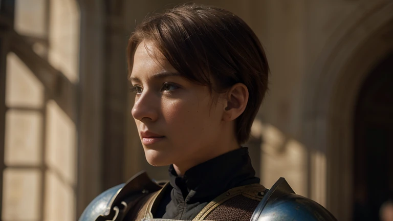 At the gate,many,French soldiers,in command,(BestQuality,4k,8K,HighResolution,HighResolution)
Expression is confident,17 year old Jeanne d'Arc,(BestQuality,4k,8K,HighResolution,Masterpiece:1.2),High Definition,(realistic,photo-realistic,photo-realistic:1.37),. Jeanne d'Arc,female knight,short brown hair,cinematography,vivid colors,left view,beautiful,cinematic