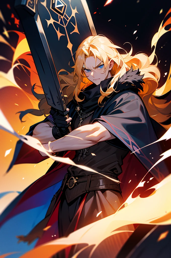 blue eyes, blonde hair, long hair, wavy hair, fire background, tattered clothing, serious face, muscular, cowboy shot, mature male, black cape, black and red Viking clothing, fur cape, has a thors hammer Mjölnir in hand 