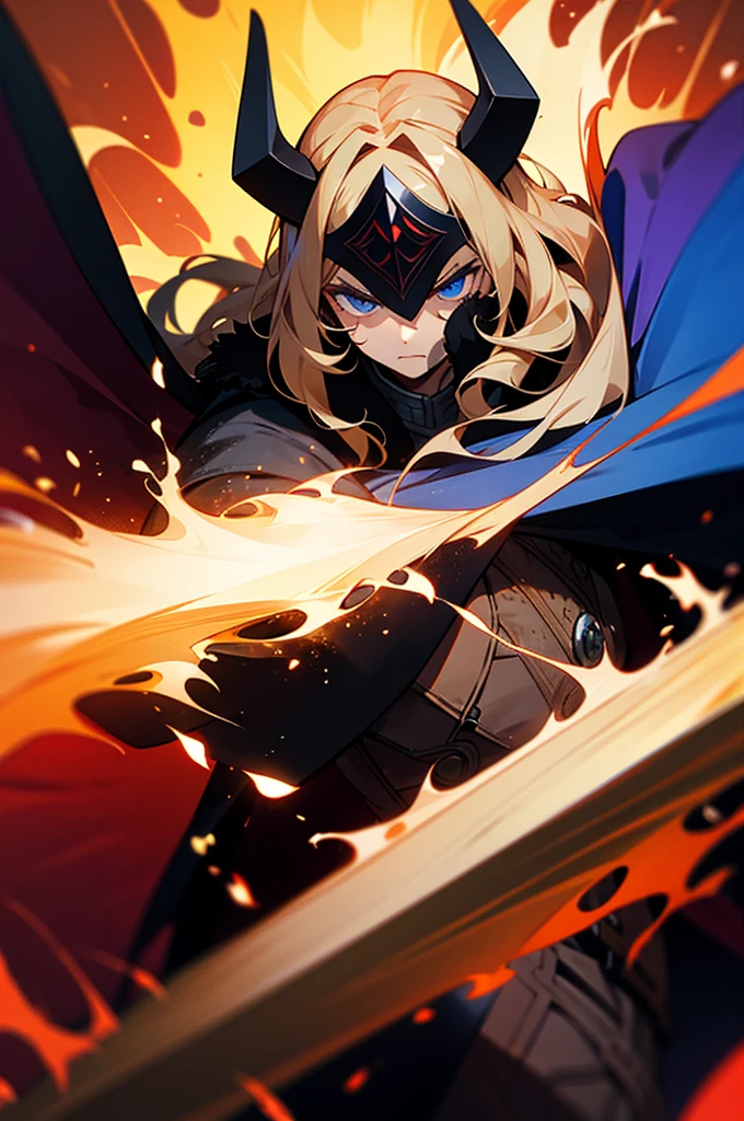 blue eyes, blonde hair, long hair, wavy hair, fire background, tattered clothing, serious face, muscular, cowboy shot, mature male, black cape, black and red Viking clothing, fur cape, has a thors hammer Mjölnir in hand